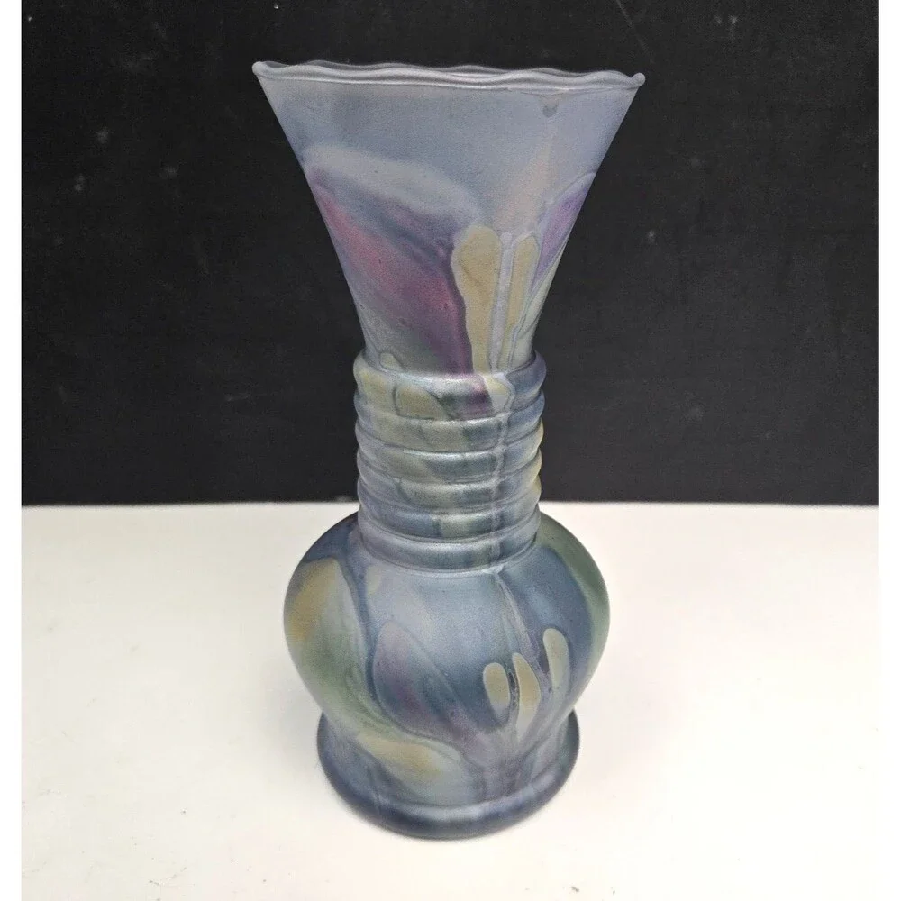 Rueven Nouveau Art Hand Painted Drip Satin Glass Vase w/ Applied Glass Swirl - Picture 4 of 11